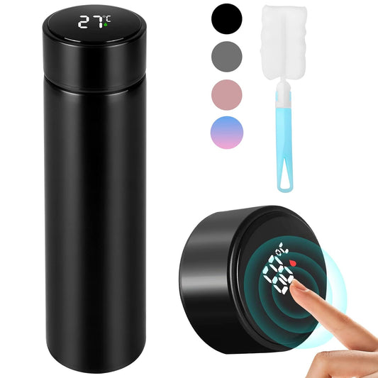 Grade Stainless Steel Sports Water Bottle With Led Temperature Display,Double Wall Vacuum Insulated Water Bottle, Stay Hot For 24 Hrs,Cold For 24 Hrs (Pure Black) 500 ml